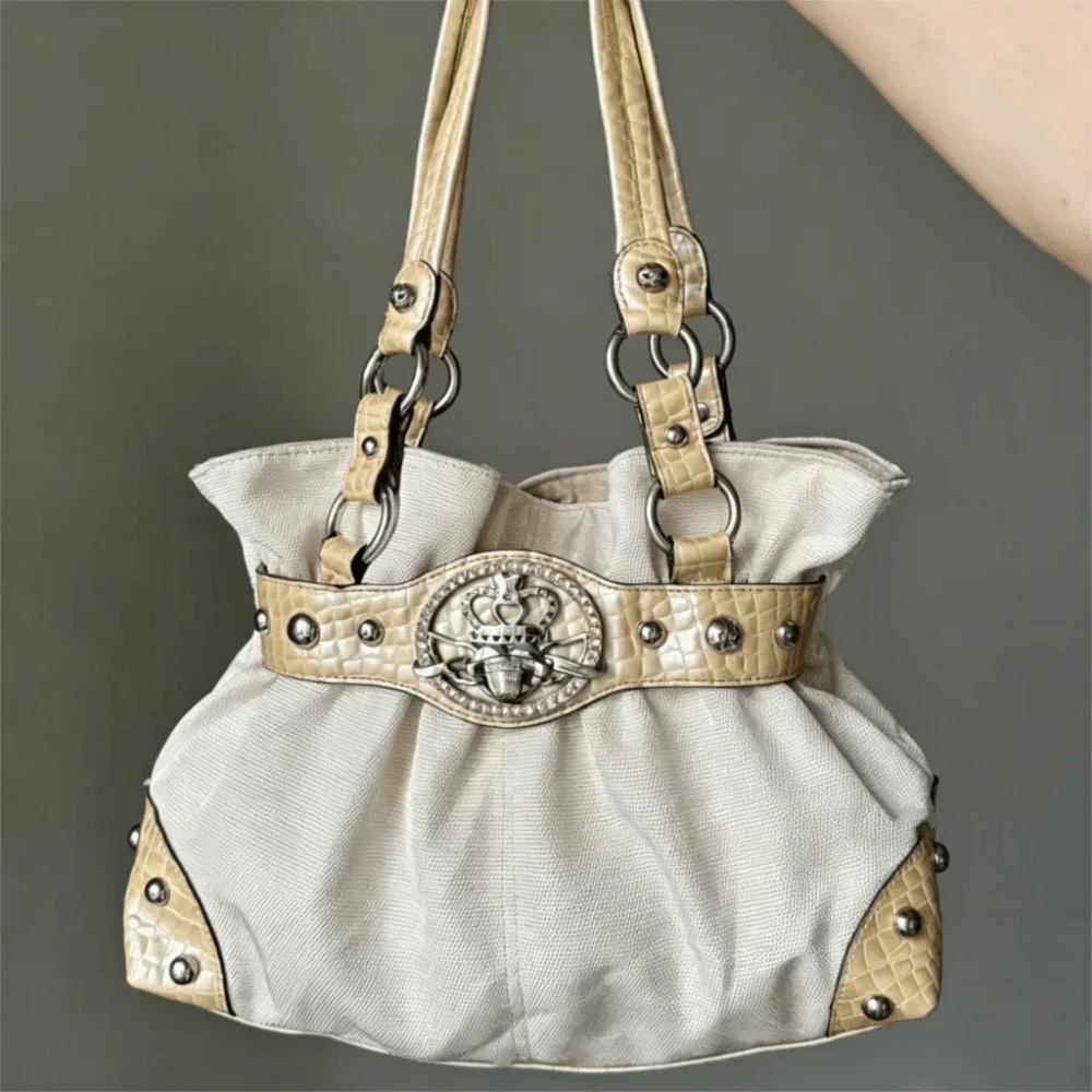 New Canvas Women's Shoulder Bag Y2K Style Rivet Detail Tote Handbag Single Shoulder Strap Large Capacity Bowling Bag Daily