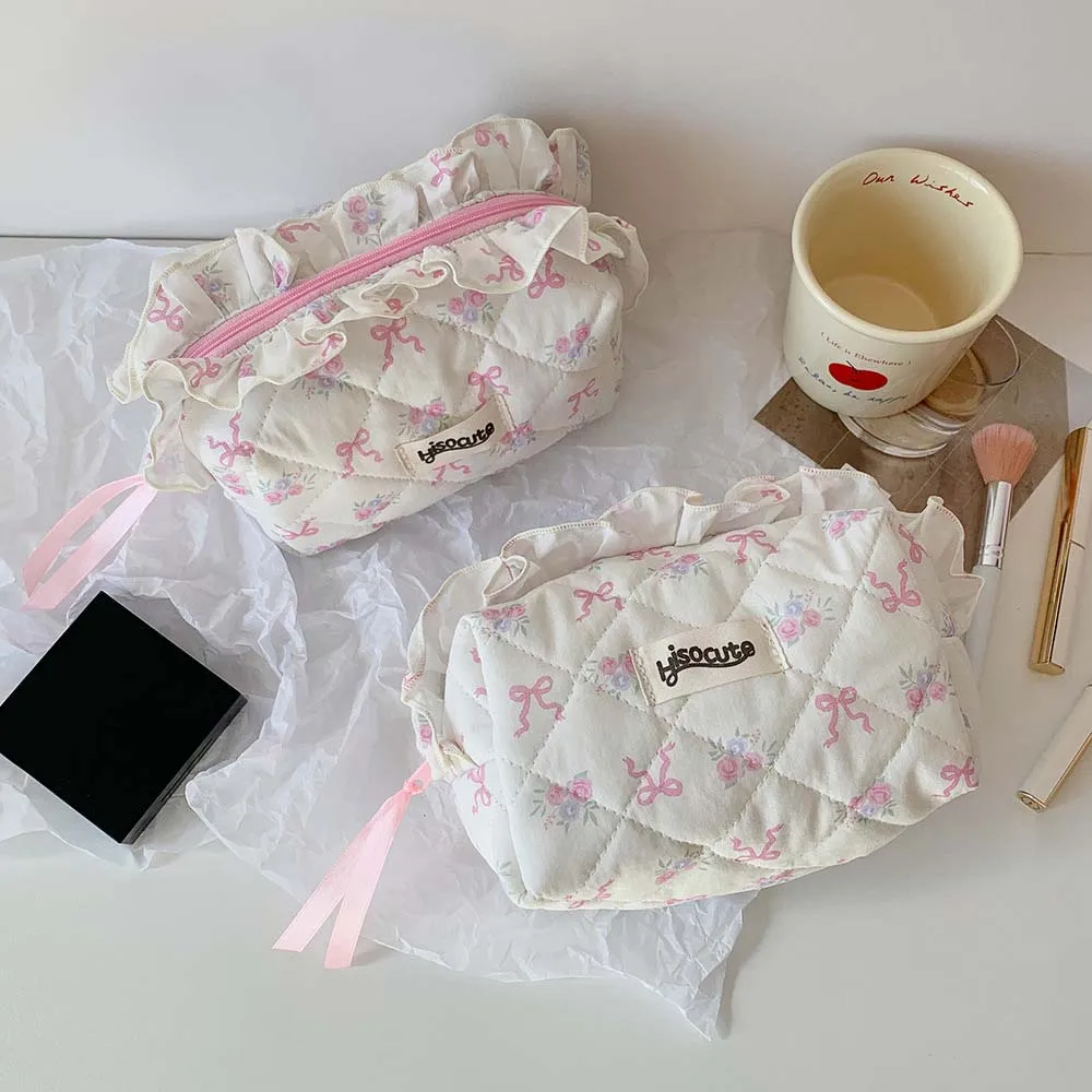 Bowknot Bow Cosmetic Bag Wash Pouch Wrinkled Edge Bow Stationery Bag Desktop Storage Ins Style Korean Style Pencil Case