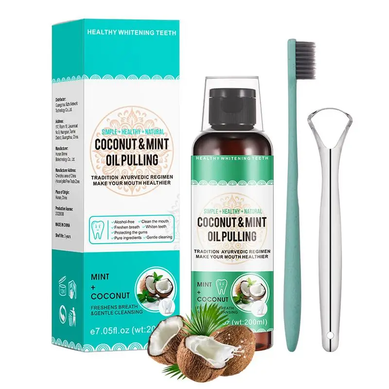 Coconut Mint Pulling Oil Coconut Mouthwash Alcohol-free Teeth Whitening Oral Care Fresh Breath with Tongue Scraper Set