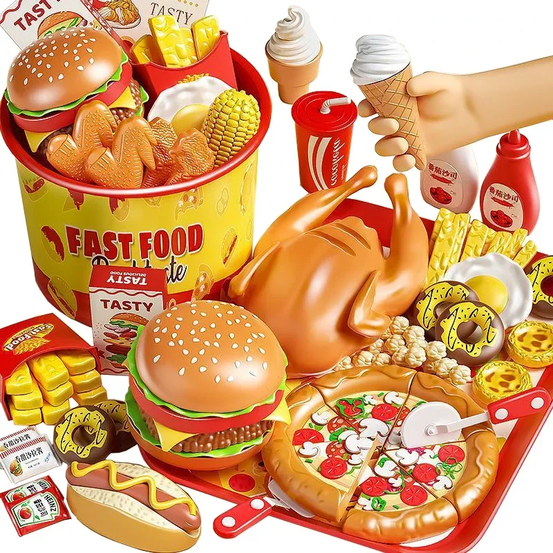 Kid Kitchen Toy Set Simulation Make Hamburger Pizza Fries Pretend Play Food Cooking Cutting Game Montessori Interactive Toy Gift