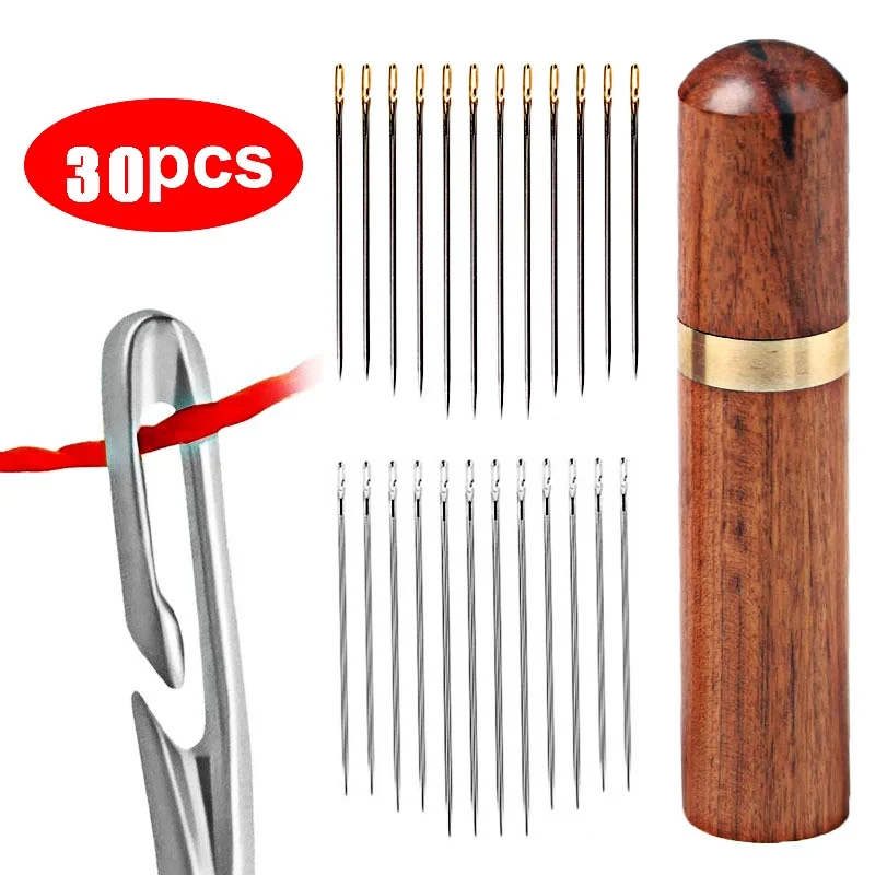 30pcs Elderly Blind Sewing Needles Stainless Steel Quick Automatic Self-Threading Stitching Pins DIY Punch Needle Threader for E