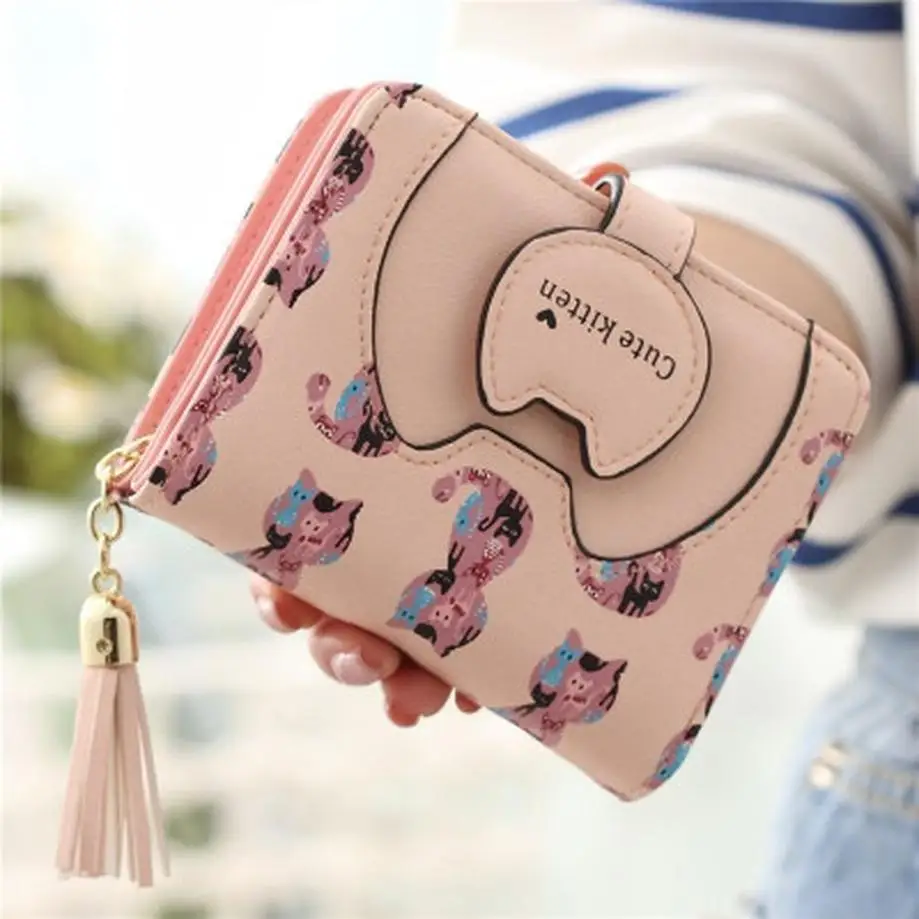 1 piezas Mujeres lindo gato cartera pequeña cremallera niña cartera pu cuero mujeres moneda cartera mujer titular de la tarjeta