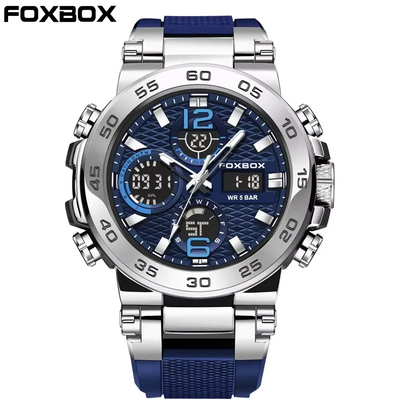 ساعات FOXBOX الرياضية للرجال 5ATM مقاومة للماء بشاشة مزدوجة كوارتز ساعة يد كرونوغراف منبه للتاريخ والأسبوع وحزام سيليكون للرجال