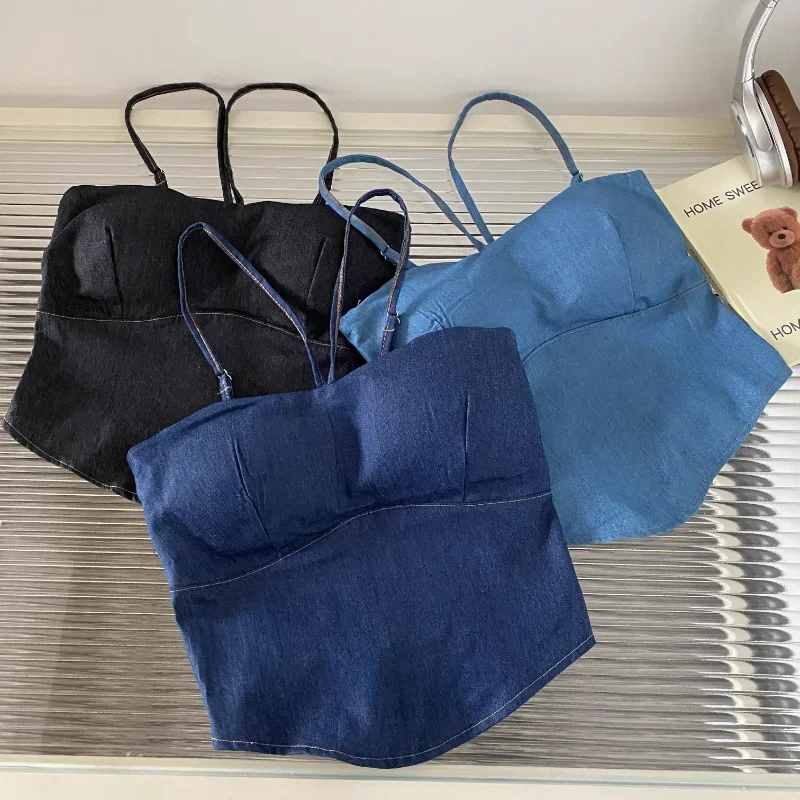 Tank Top For Women With Built In Bra Denim Spaghetti Strap Crop Tops Womens Jeans Streetwear Summer Camis Female Hot Dropship