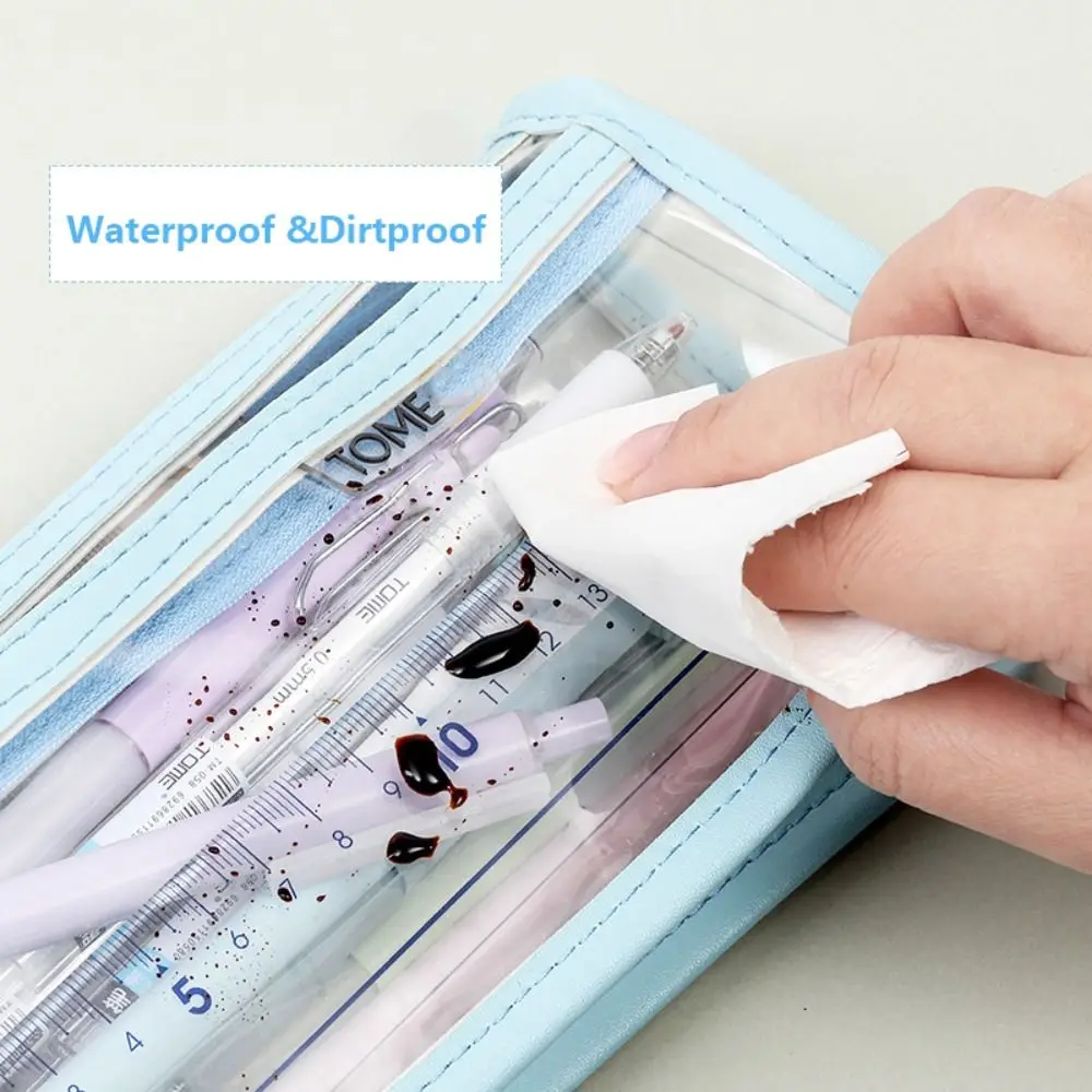 Double-Layer Large Capacity Pen Bag Student Transparent Waterproof Stationery Bag Portable Pencil Case Stationery Organizer