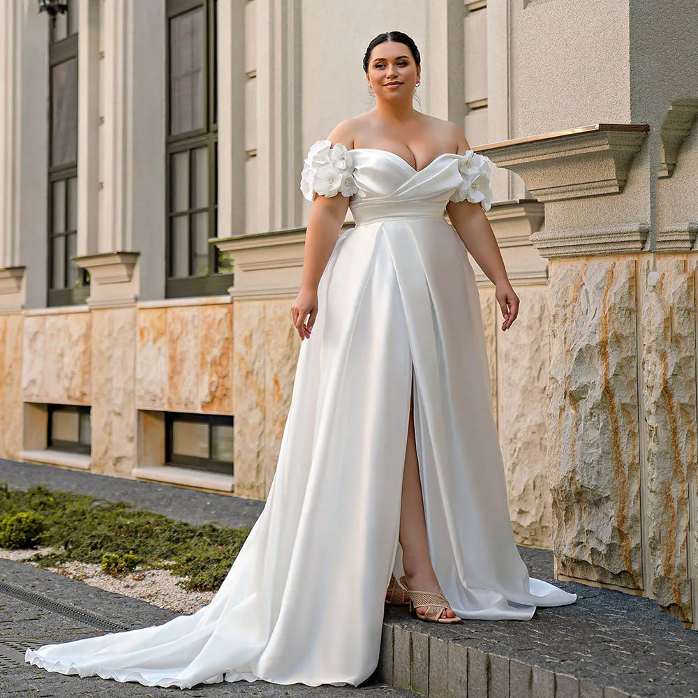 Galarity Plus Size White Satin Wedding Dresses 2026 Off Shoulder Floral Sleeves Sweetheart Brides Gowns Slit Bridal Dresses