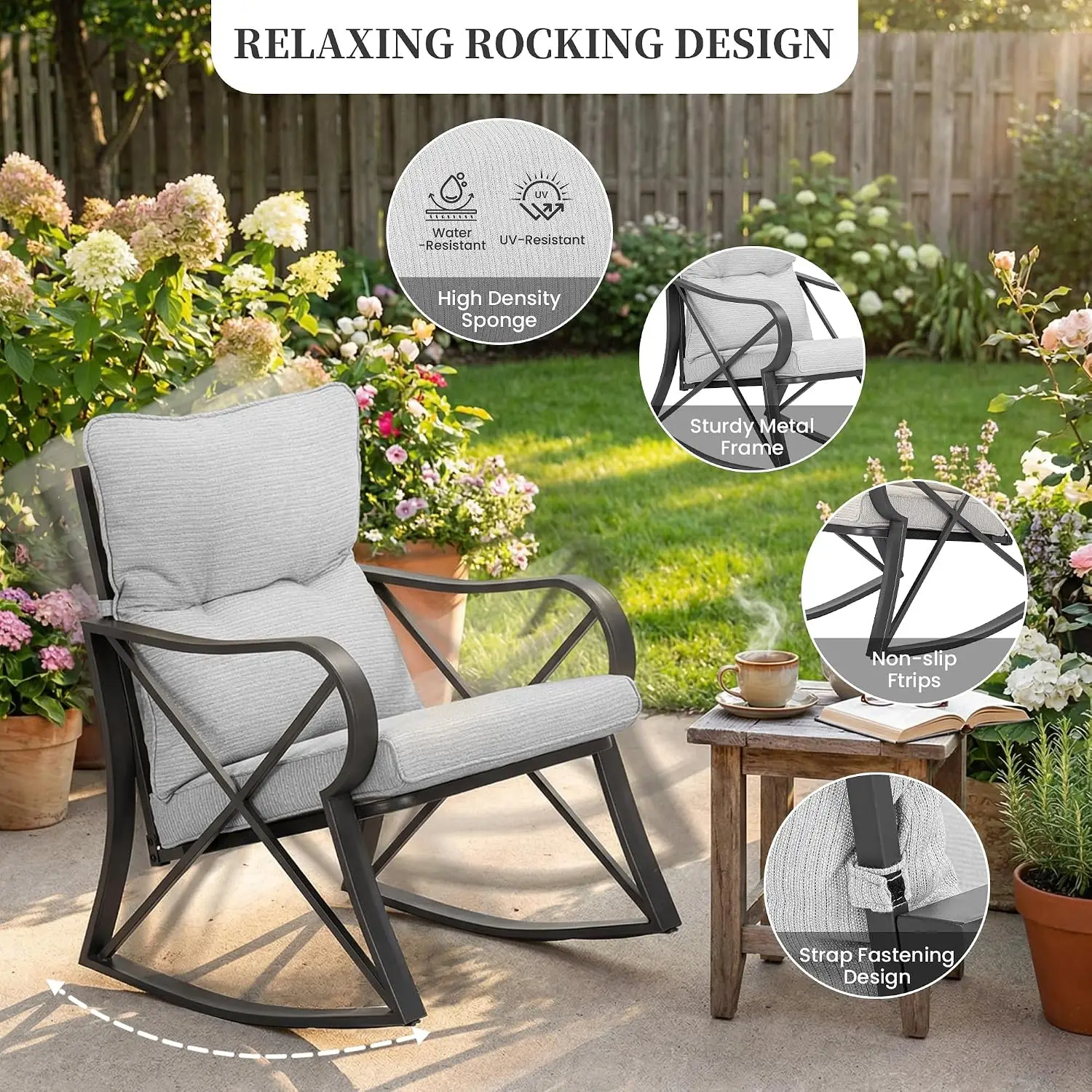 Outdoor Rocking Bistro Set Patio Furniture, Glider Chair Coffee Table Seat Set For Backyard Garden Poolside, Padded Cushions Tempered Glass Top, Modern Casual Style, Warm Gray, 3 Piece Set