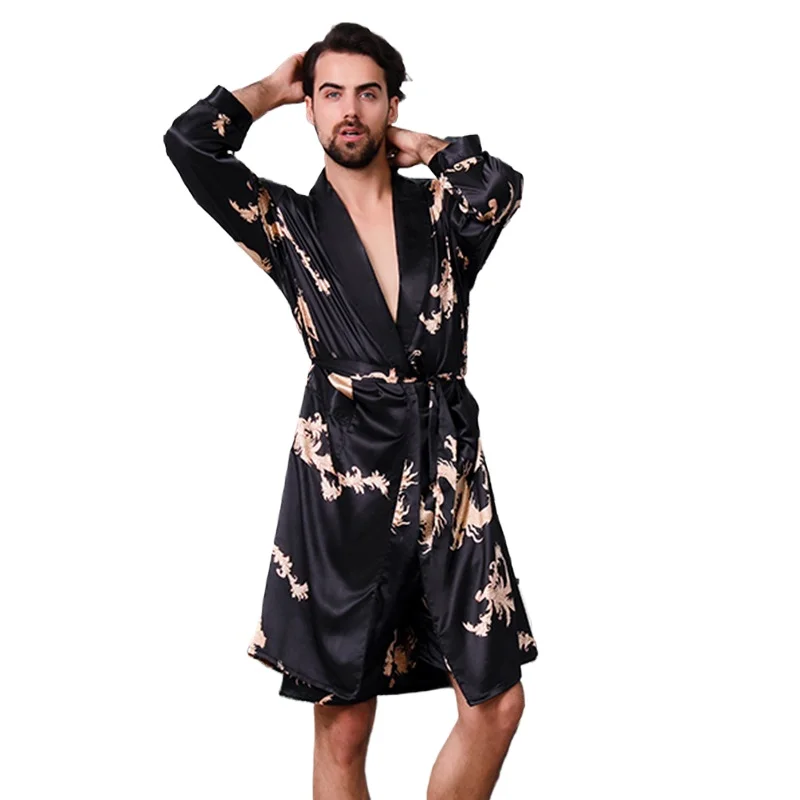 

Yukata Men's Yukata Large Size Satin Pajamas Long Sleeve Dragon Summer Loungewear