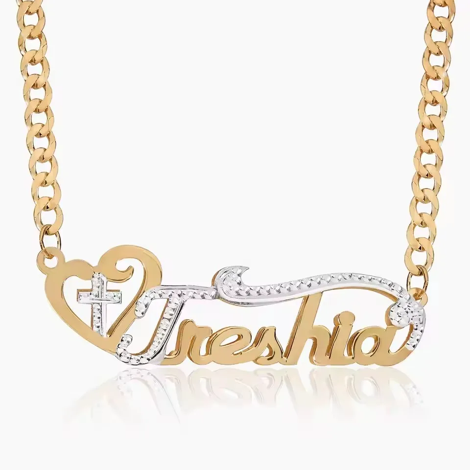 

Two-Tone Name Chain Pendant For Women Nameplate Names Jewelry Gift Customized Double Plated Cross Name Necklace in 18K Gold