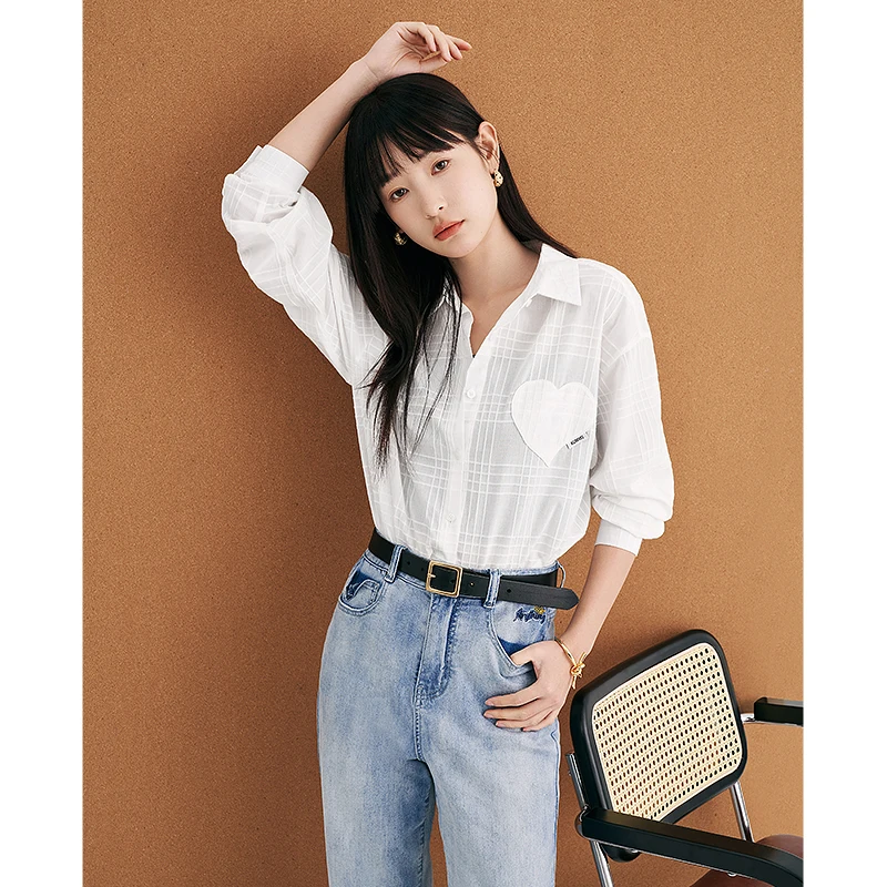 Toyouth Women Shirts 2023 Summer Long Sleeve Polo Neck Loose Blouse Heart-shaped Texture Fabric Sunscreen Casual Chic Tops