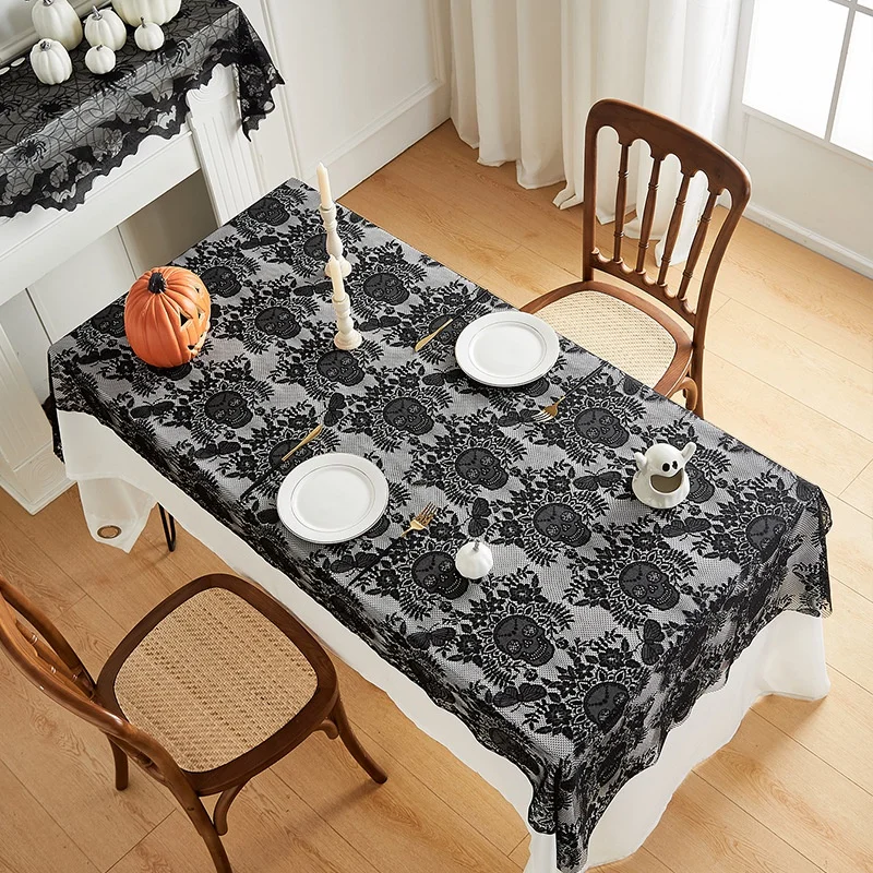 Halloween Black Lace Table Cover - Elegant Machine-Made Lace Tablecloth with Spooky Skull Design for Halloween Decorations