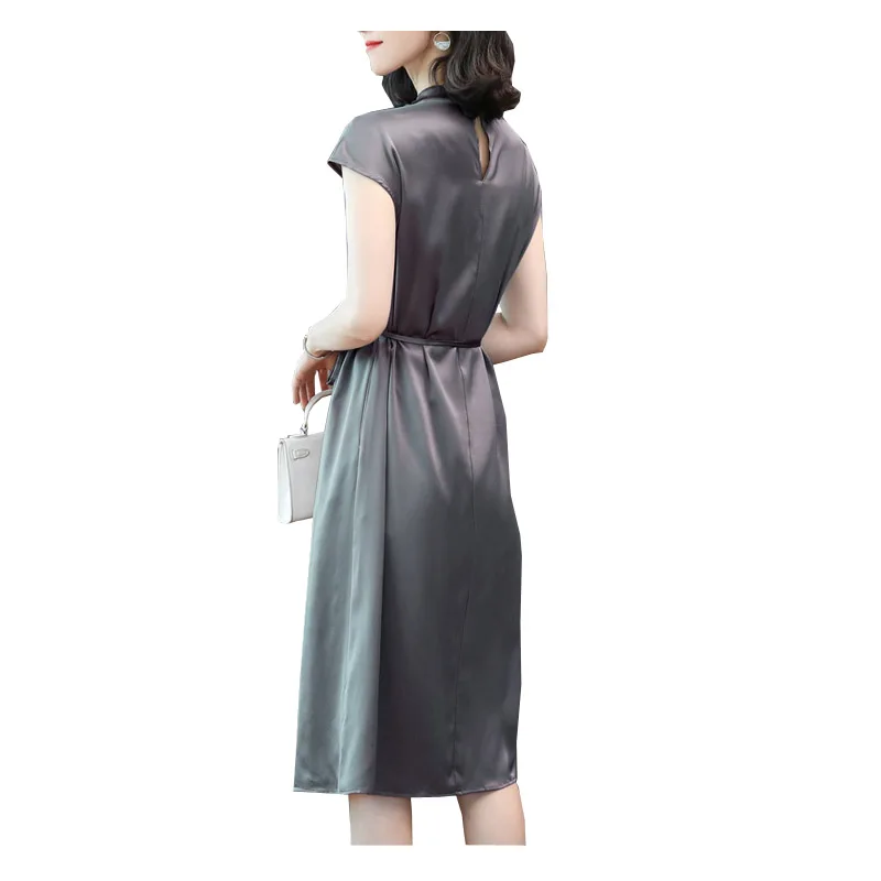 Fengbaoyu Triacetate Silk Satin Lady's Spring Summer Round-collar Dress is Smooth with a Cool Medium-length Dress Women Clothing