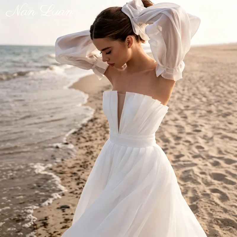Empire Waist Pleated Bodice Detachable Tulle Puff Sleeve A Line Chiffon Bridal Gown Chapel Train Vestidos de Novia Customized
