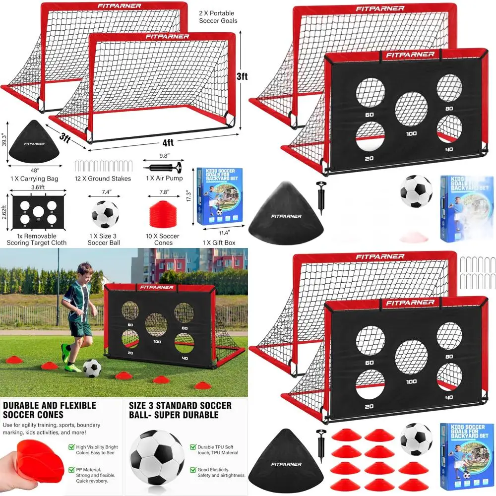 

Portable Soccer Goals for Kids: 4x3 or 6x4 Feet, 2-Pack with Target, Ball, and Cones for Outdoor Practice