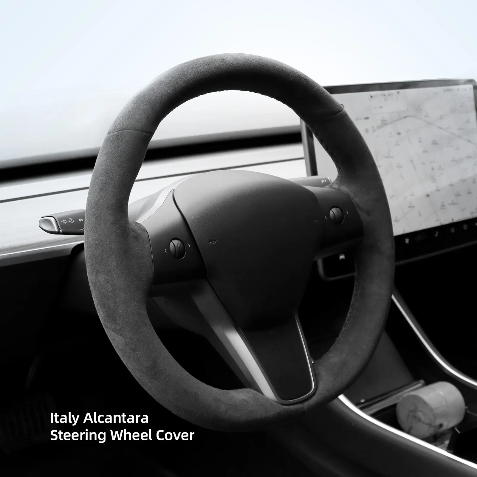 Hand-Stitch Non-slip Alcantara Leather Car Steering Wheel Cover Wrap for Tesla Model Y_Model 3 Interior Accessories