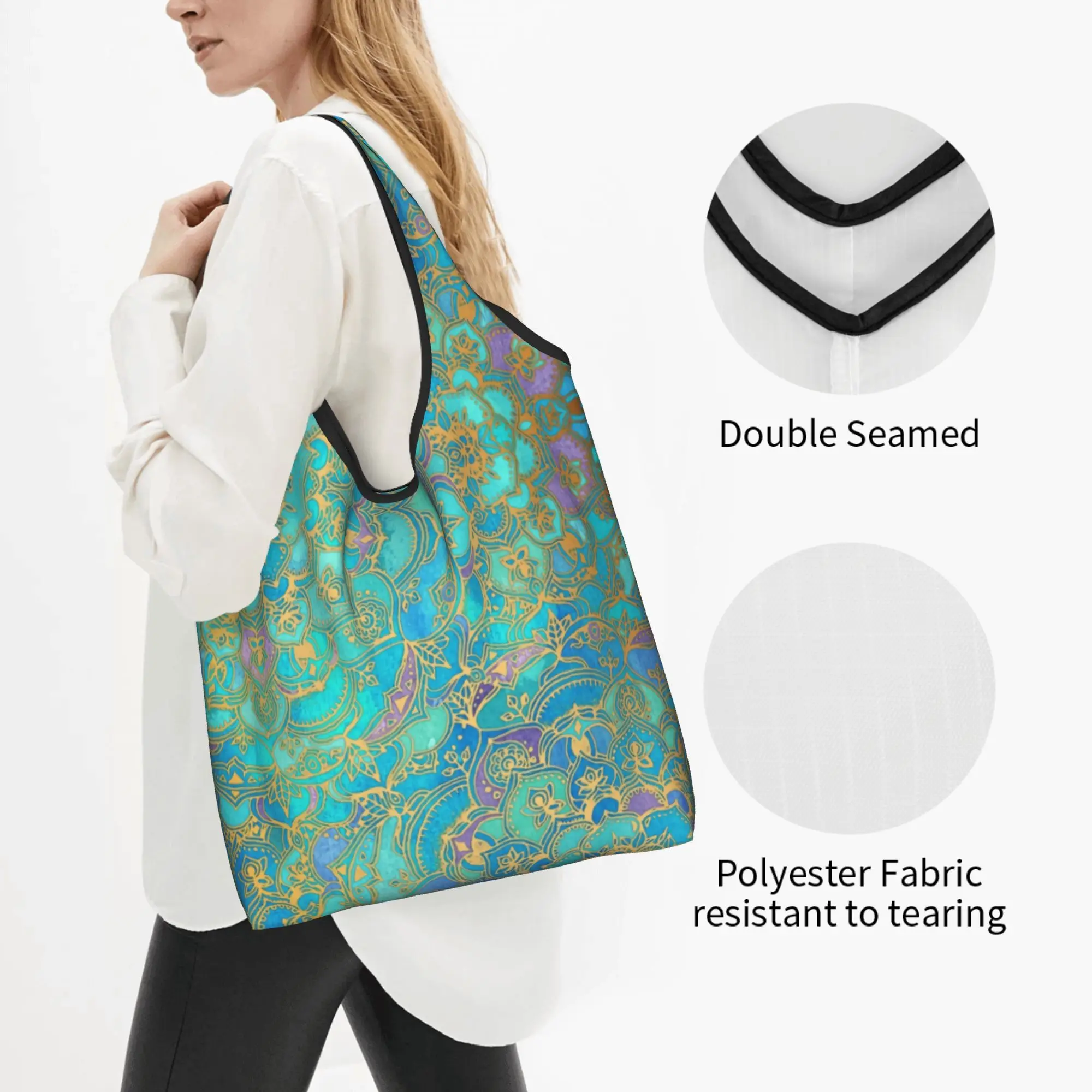 Recycling Sapphire Jade Stained Glass Mandala Shopping Bag Women Tote Bag Portable Bohemian Boho Grocery Shopper Bags
