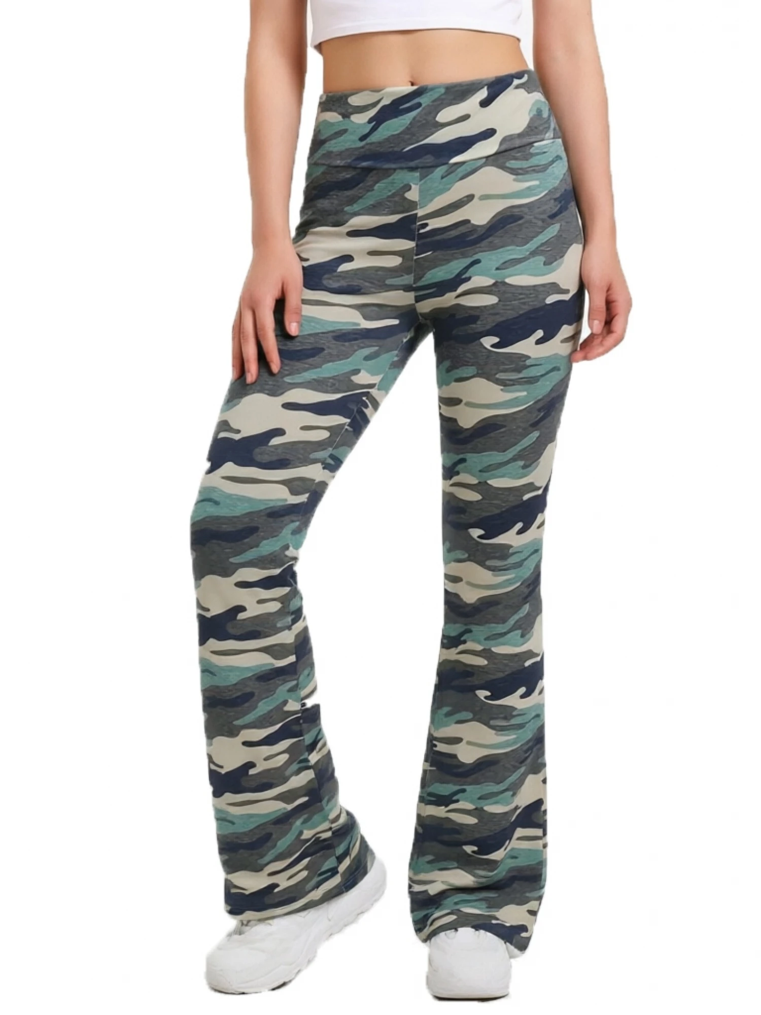 Women s Camouflage Print Flare Pants Fold Over Waist Bell Bottoms