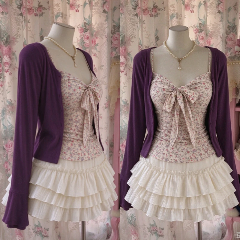 Kawaii Japanese Preppy 2 Piece Outfit Lace Bow Tops Mini Skirt Korean American Retro Sweet Subculture Cute Fashion Matching Set