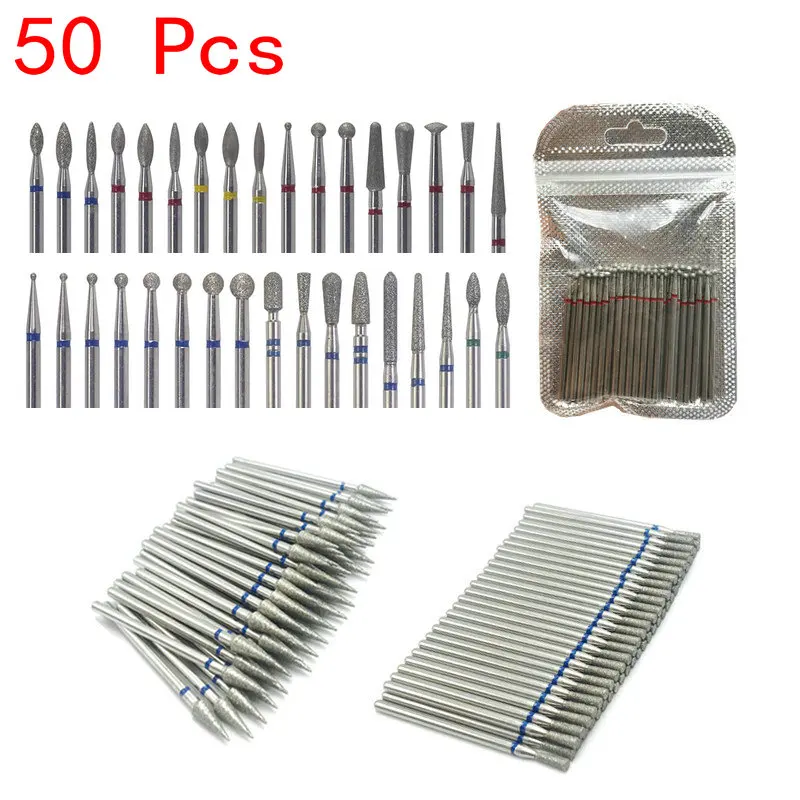 50個/セット ネイルドリルビット ダイヤモンドミリングカッター マニキュア用電動ツール ネイルファイル ジェル除去 バリ取り ネイル機器アクセサリー