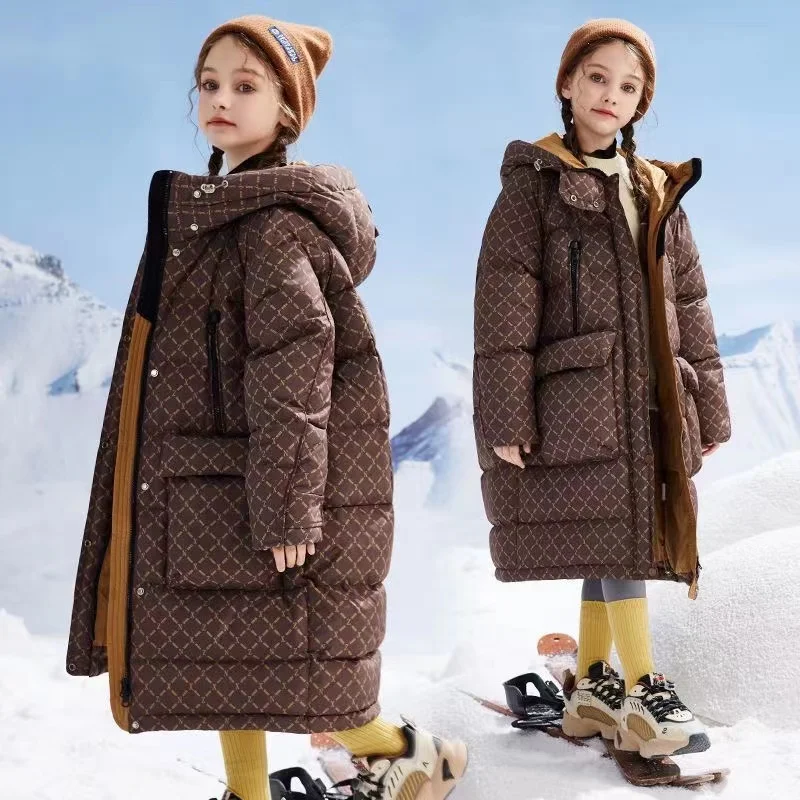 

Winter Fashion Down Jacket For Children Girls' Long Hooded Waterproof Duck Down Coat Girls Cold Warm Thick Coat Stain Resistant