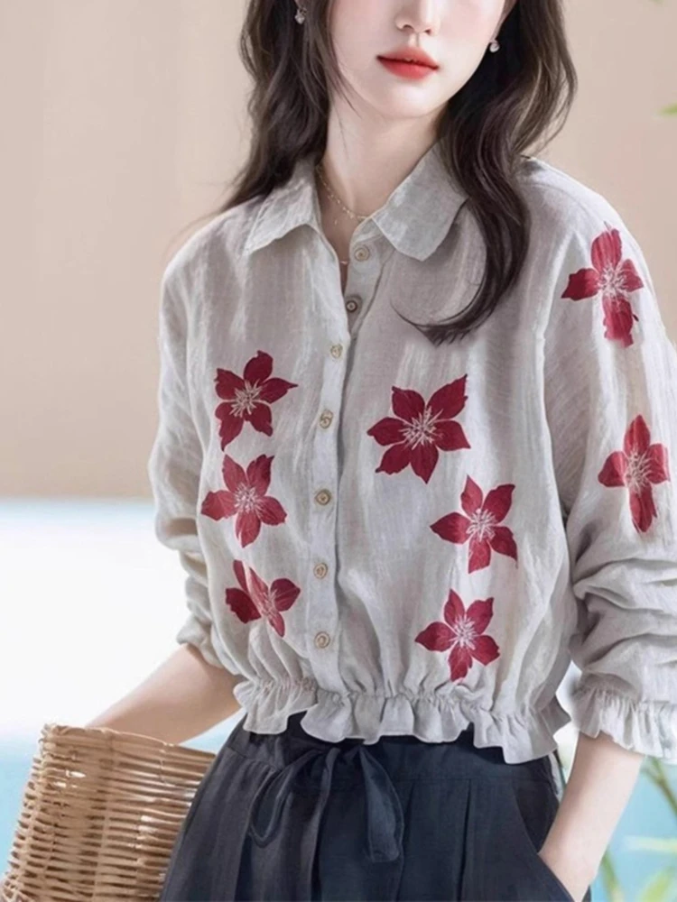 Fashion Vintage Shirts Turn Down Collar Long Sleeve Flower Print Crop Tops Design Blouses All Match Spring Autumn Women Clothing