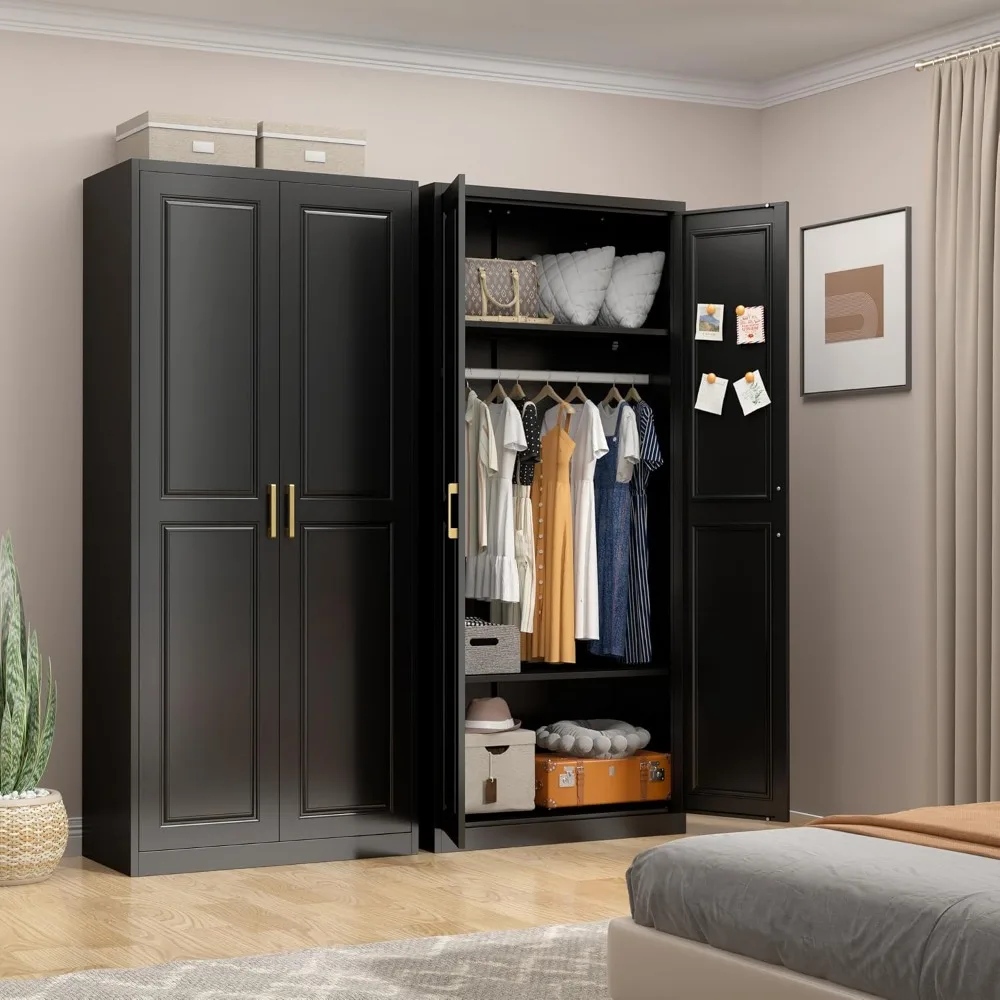 

Wardrobe Closet with Doors, 71'' Wardrobe Cabinet with Hanging Rod, Metal Closet with 2 Adjustable Shelves for Bedroom School