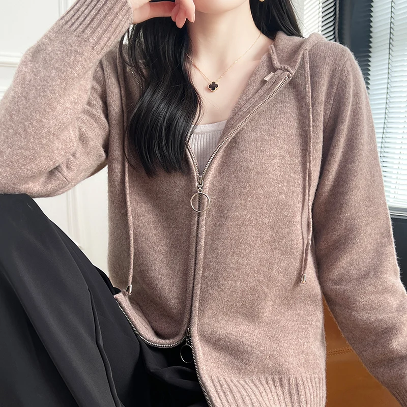 

Autumn and Winter New Zipper cardigan 100% Merino Wool Cashmere Sweater Women's Hooded Collar Solid Color Loose Knitted Top Coat