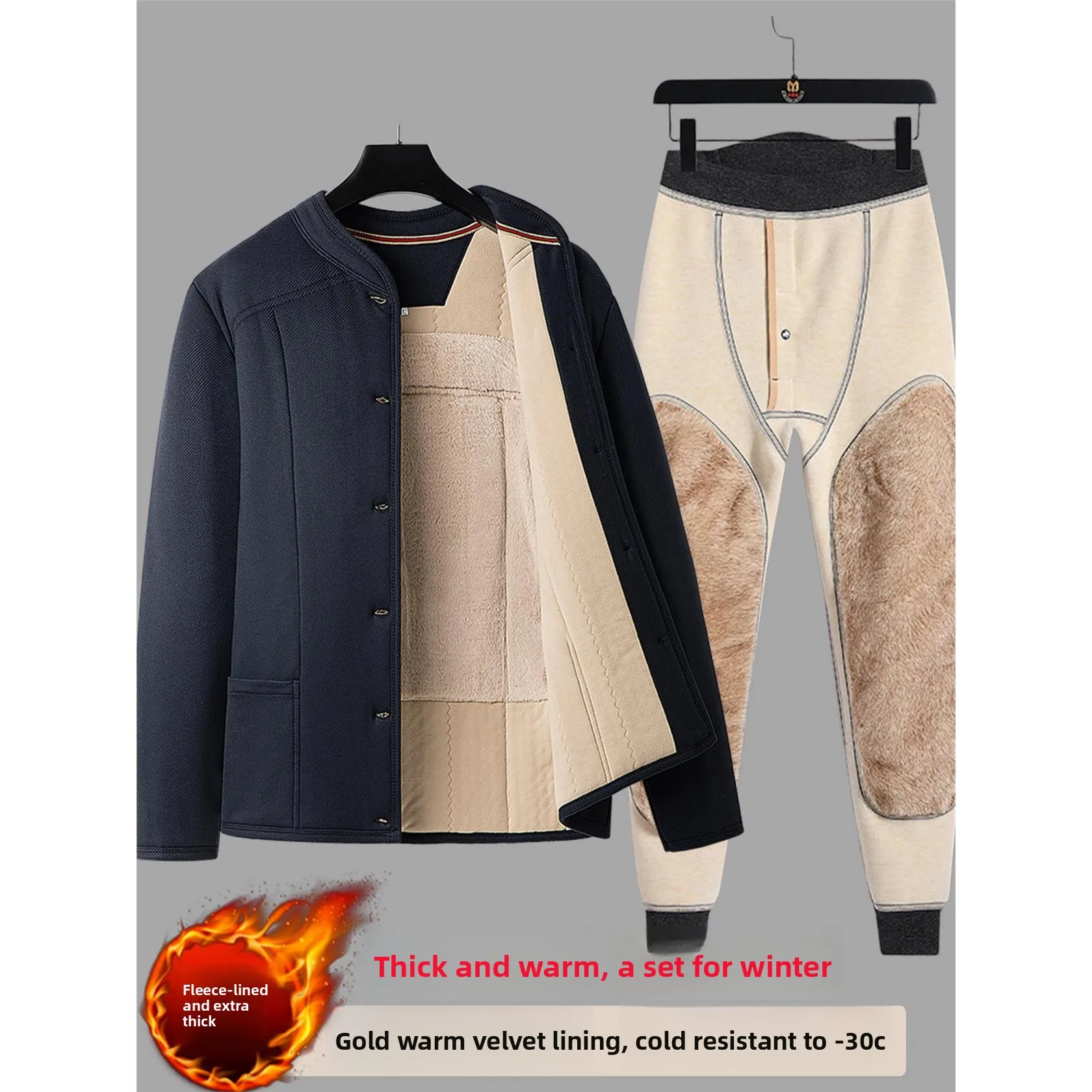 

Утепленный хлопковый костюм (куртка и брюки) для мужчин: теплая верхняя одежда для активного отдыха, свободный крой, длинный рукав, воротник-стойка, полиэстер.