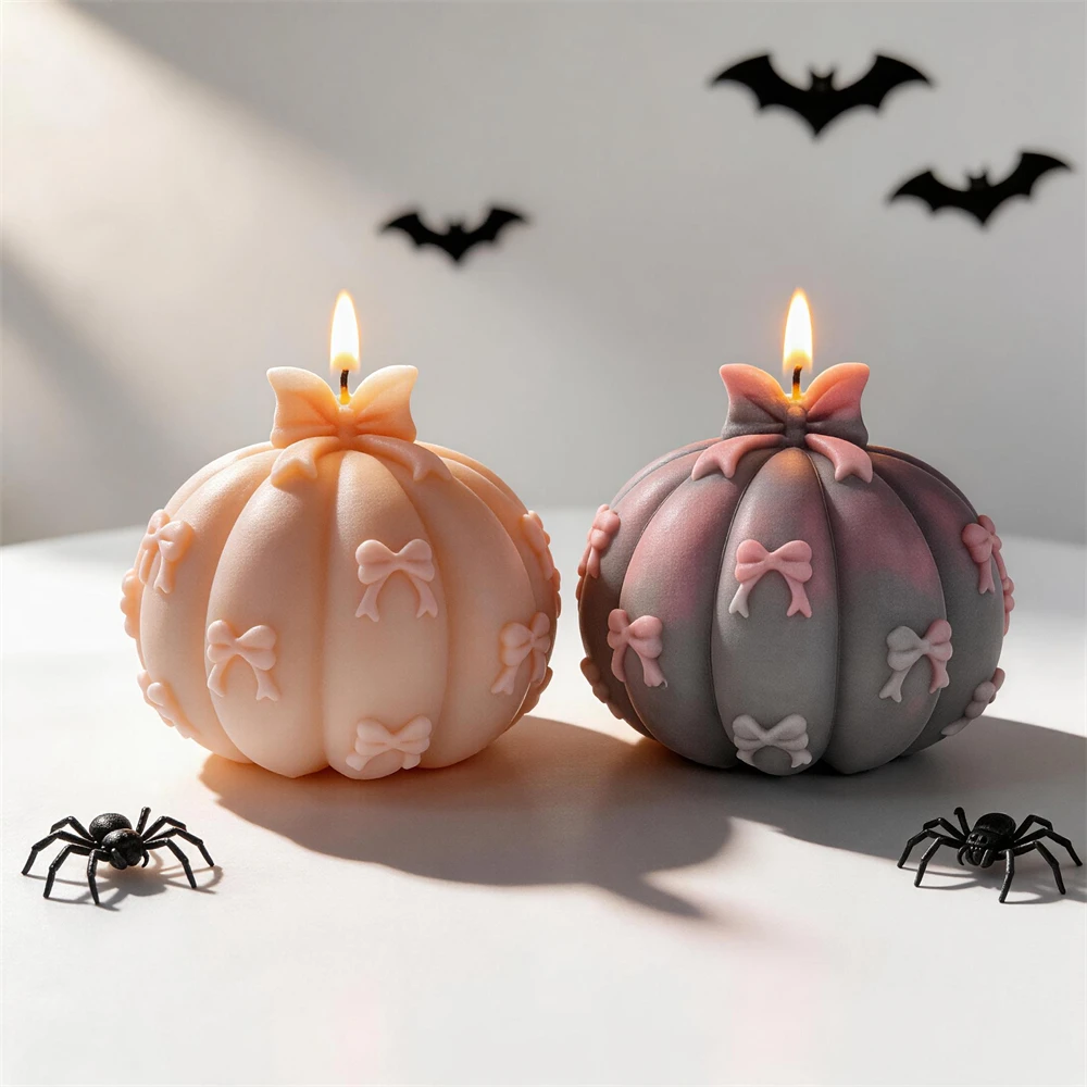 

2026 Happy Halloween Decor Bowknot Pumpkin Silicone Mold Cute Pumpkin Soy Wax Candle Mold Resin Plaster Silicone Mould