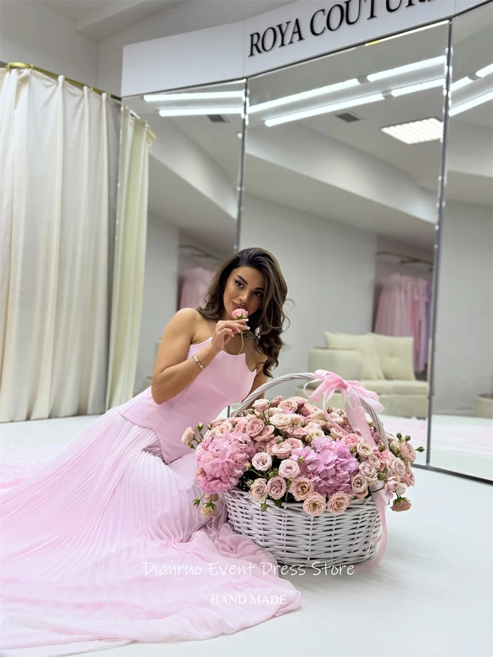 فستان سهرة Dianruo رشيق وردي بدون حمالات بحاشية مطوية فستان سهرة وردي شيفون متدفق على شكل حرف A رداء Bal De الترويجي مخصص #6