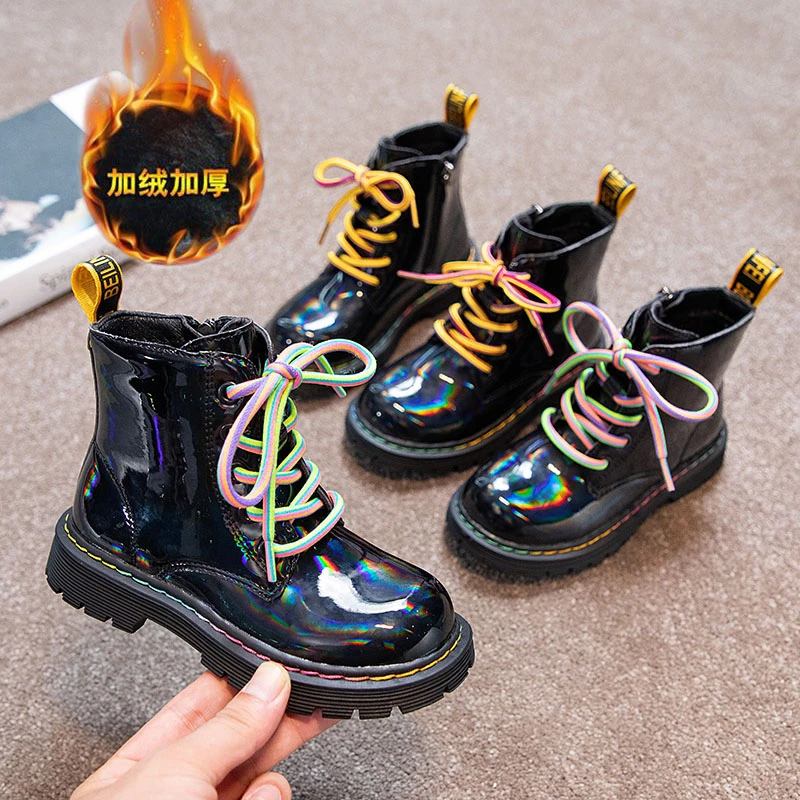 

Детские непромокаемые ботильоны из лакированной кожи для отдыха в британском стиле, радужные модные ботинки на плоской подошве для маленьких девочек, осень-зима