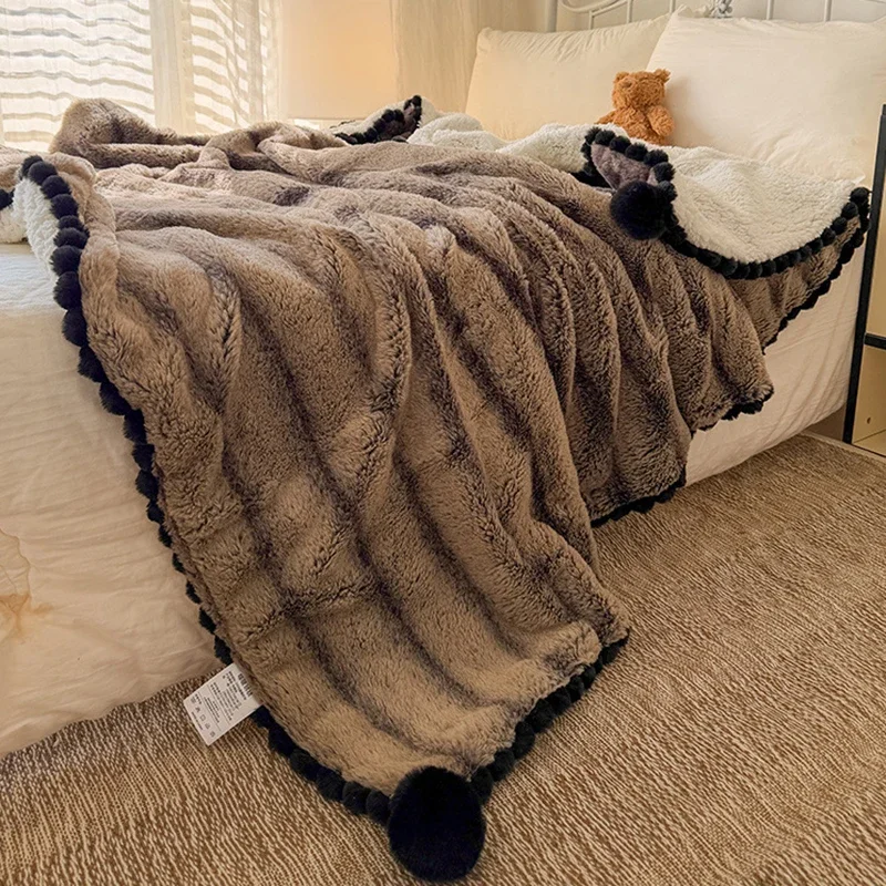 1Pc Thick Velvet Blanket with Wool Ball Super Soft Faux Rabbit Plush Warm Sofa Blankets Coral Velvet Shawl for Autumn and Winter