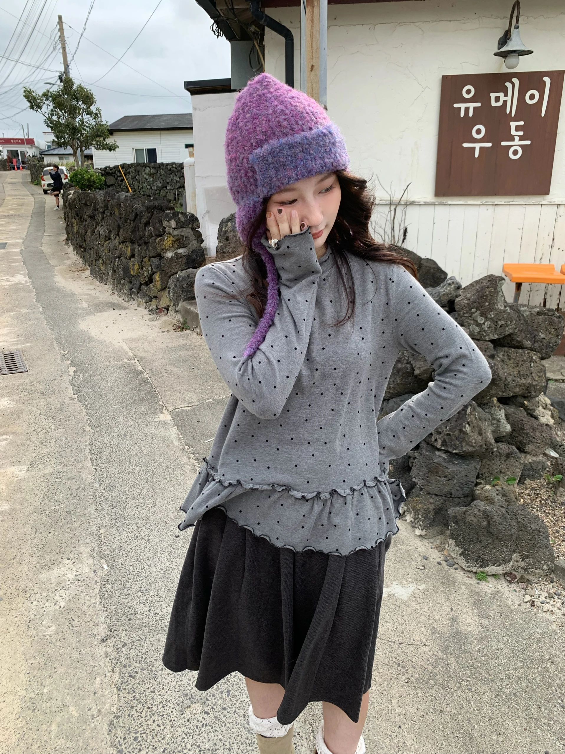 

Женская осенне-зимняя кофта One Universe Polka Dot Ruffle с высоким воротником, приятная к телу, с длинными рукавами, для многослойного ношения