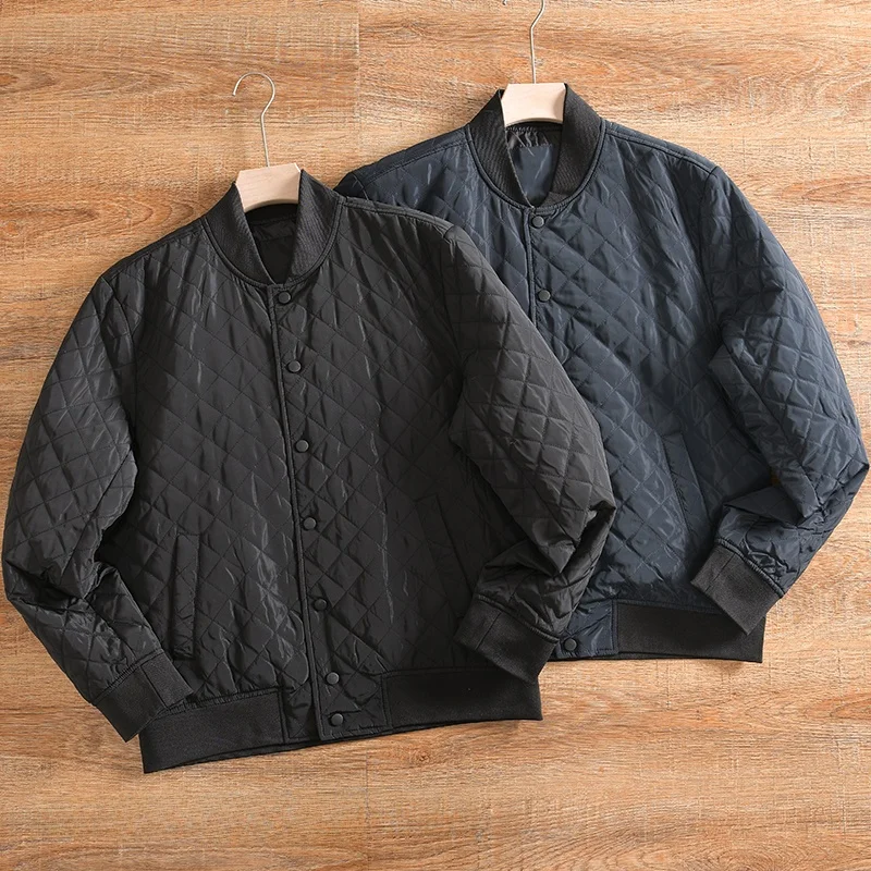 Men's Baseball Collar Jacket Thin Cotton Padded Single Diamond Stitching Autumn Winter Casual Fashion Loose Fit Youth Coat