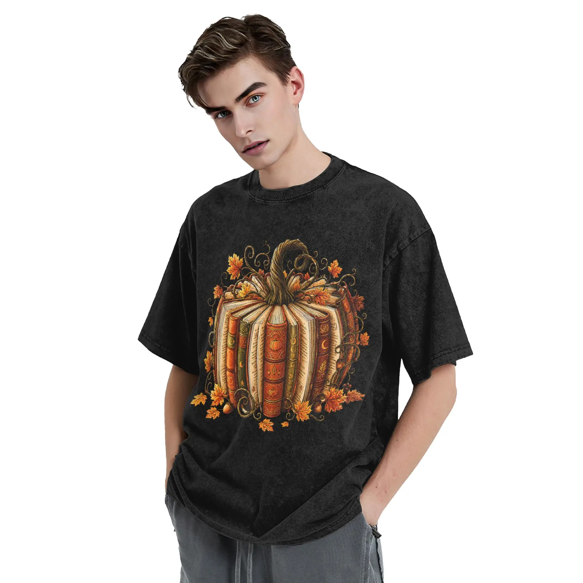 Washed T Shirts Halloween Fall Reading Pumpkin Book Hip Hop Retro T-Shirts Street Streetwear Short Sleeve Tops Tees Men Women