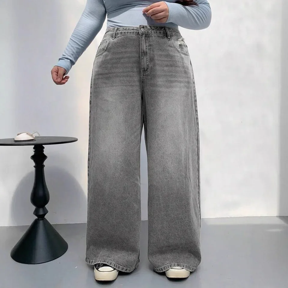 

Retro Gray Wide-leg Casual Jeans for Women 2026 Spring and Summer High-waisted Floor-length Straight Pants