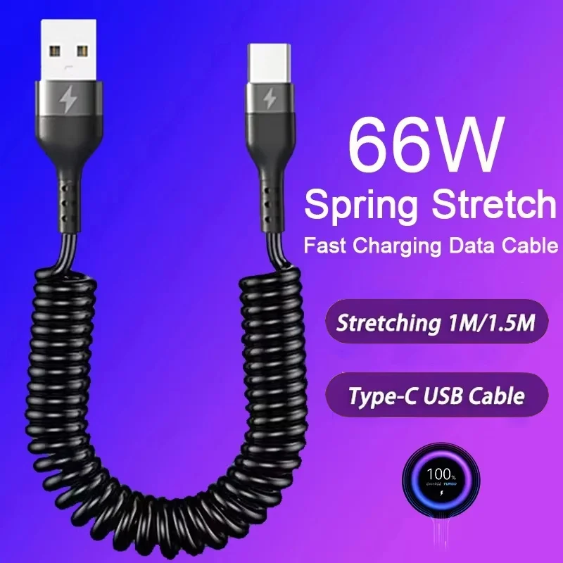 Universal USB to Type C Cable 66W USB to Type C Spring Telescopic Cable USB Phone Fast Charging Charger For iPhone Huawei Xiaomi