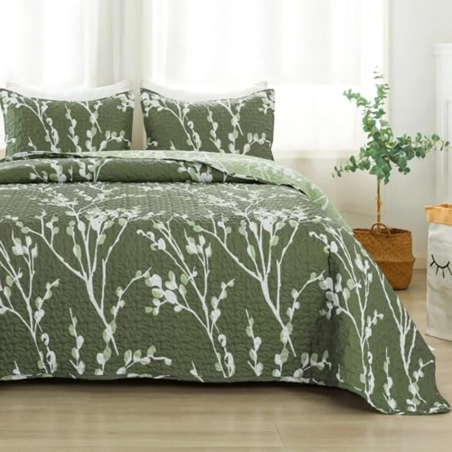 

Зеленое стеганое покрывало Queen Size 96x90 дюймов, 3 предмета, с цветочным узором, легкое, из микрофибры, двустороннее, с 2 подушками