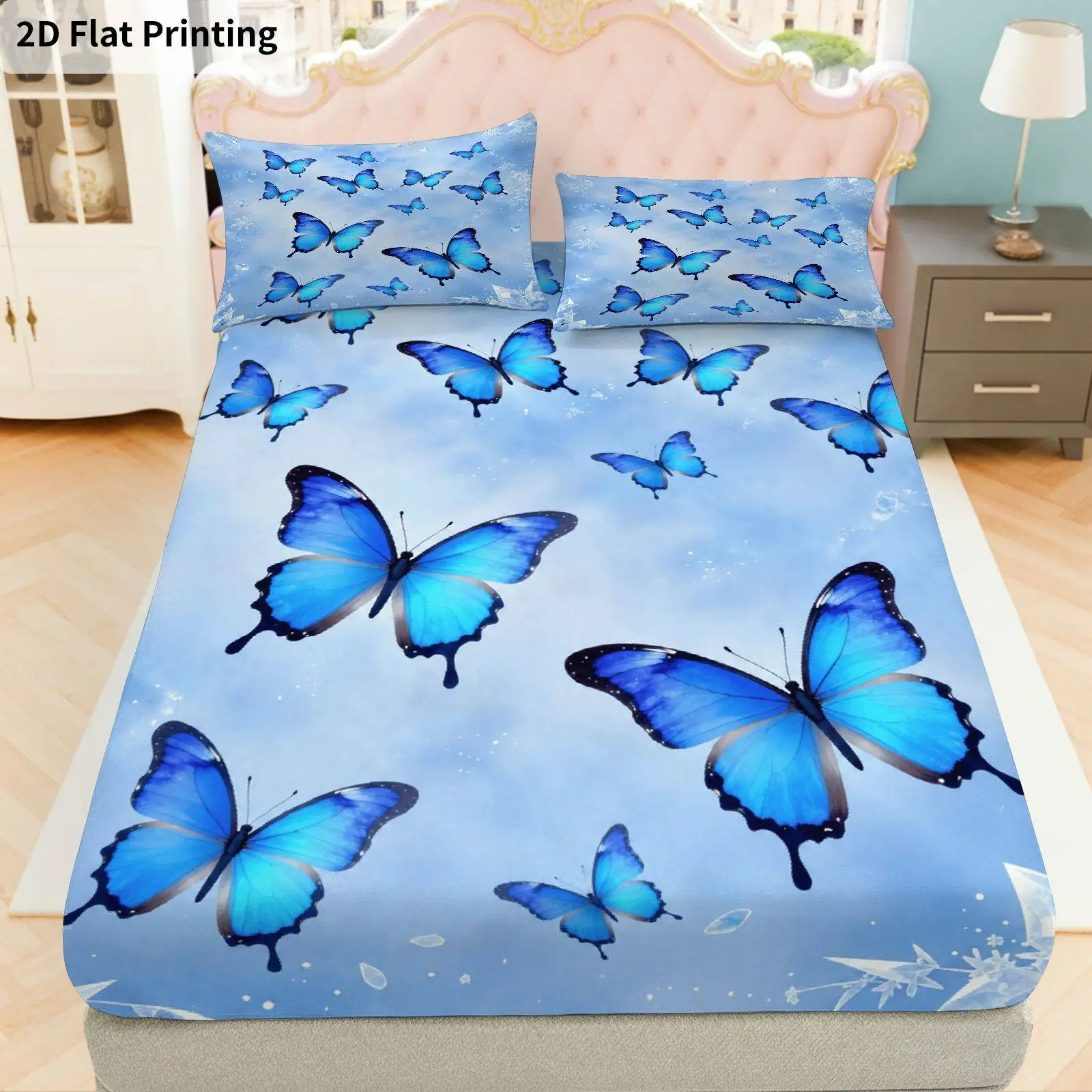 Blue butterfly bed sheet with spring theme, blue butterfly pattern 2D digital print three-piece bedding set (includes 1 bed sheet + 2 pillowcases), 3-piece set, large-capacity deep pocket 2D printed bed sheet and 2 pillowcases, mattress protector, elastic fitted sheet style, protective cover, mattress protector, machine washable design, holiday decoration, various sizes, breathable protective cover with pillowcases