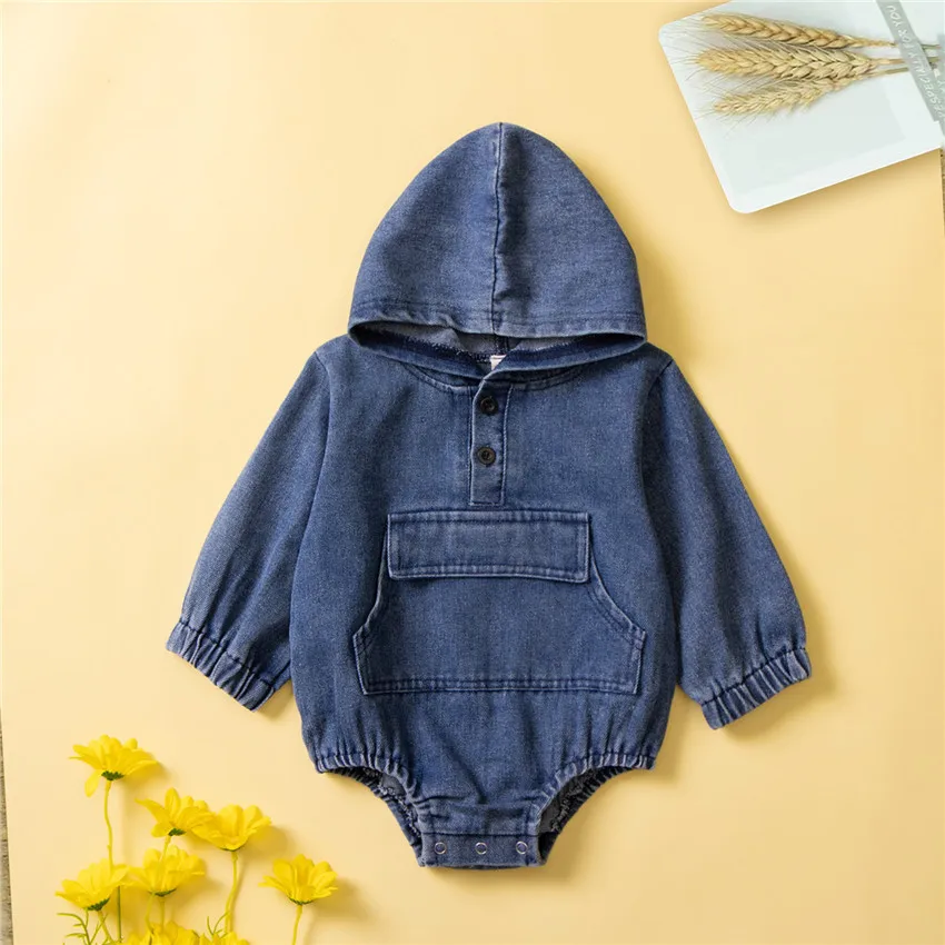 

Denim Autumn Pocket Long Sleeve Hooded Baby Rompers Patchwork Button Streetwear Solid Newborn Kids Jumpsuits