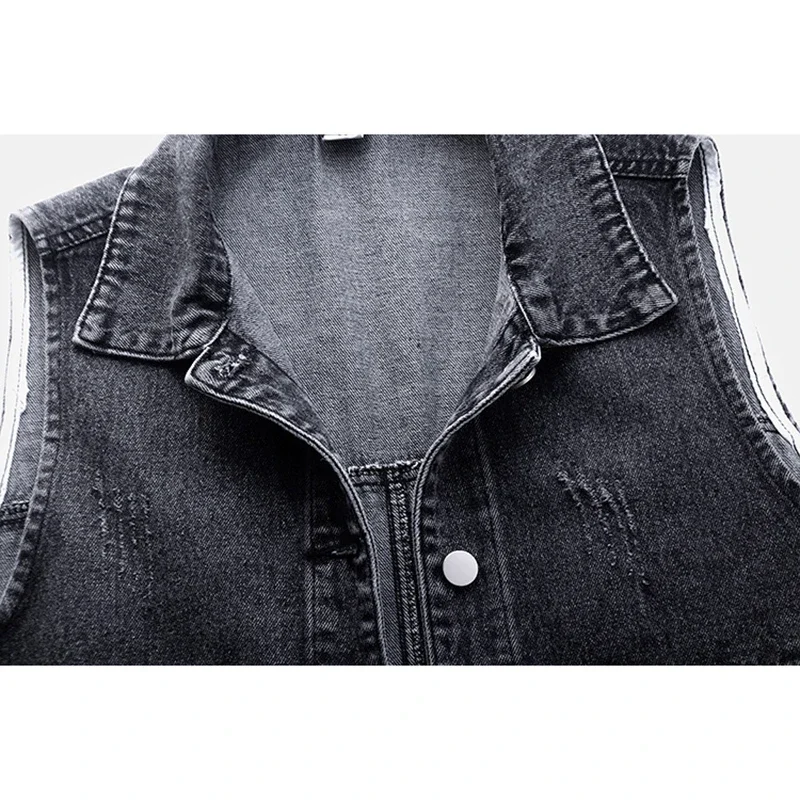 

Vintage Blue Black Frayed Big Pocket Denim Vest Women Loose Short Cowboy Waistcoat Casual Sleeveless Jeans Jacket Coat Female