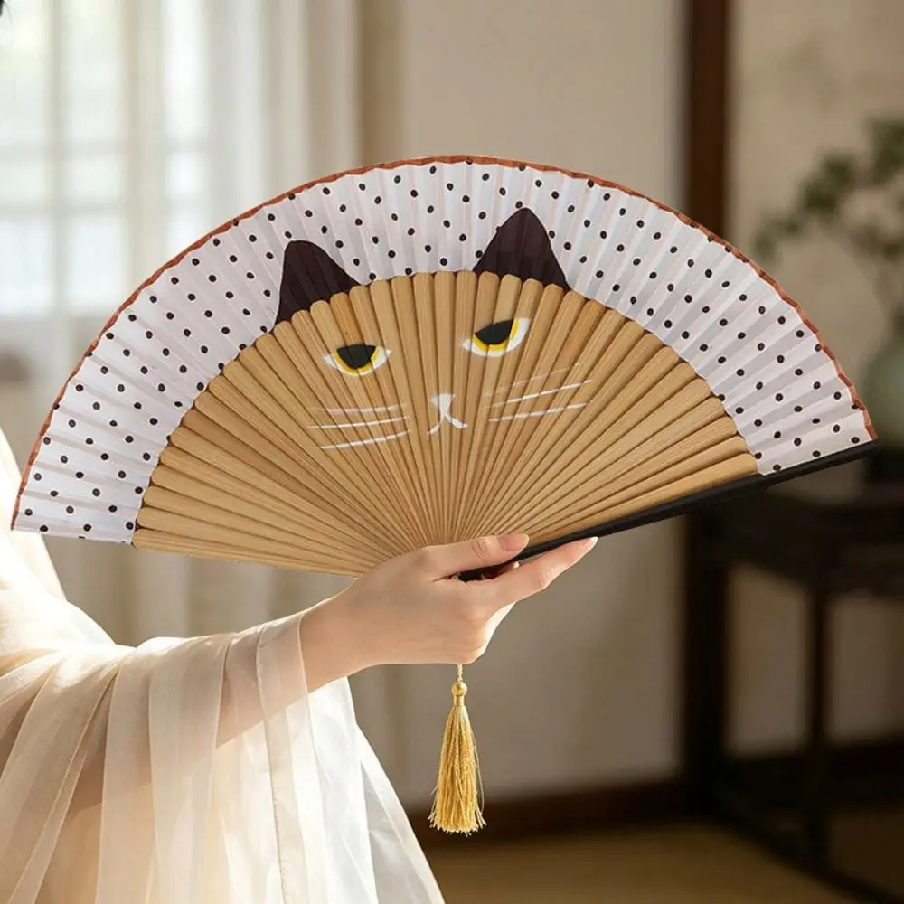 Exquisite Cat Patterns Folding Fan Bamboo Wooden Frame Handheld Size Silk Fan Handmade Fan Home Decoration