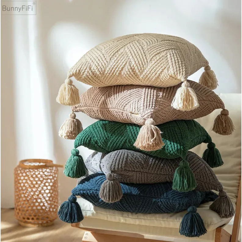 Decorative Chenille Knitted Cushion Cover Beige Grey Navy Pillow Cover with Tassels Home Sofa Bed Living Room 45x45cm Pillowcase