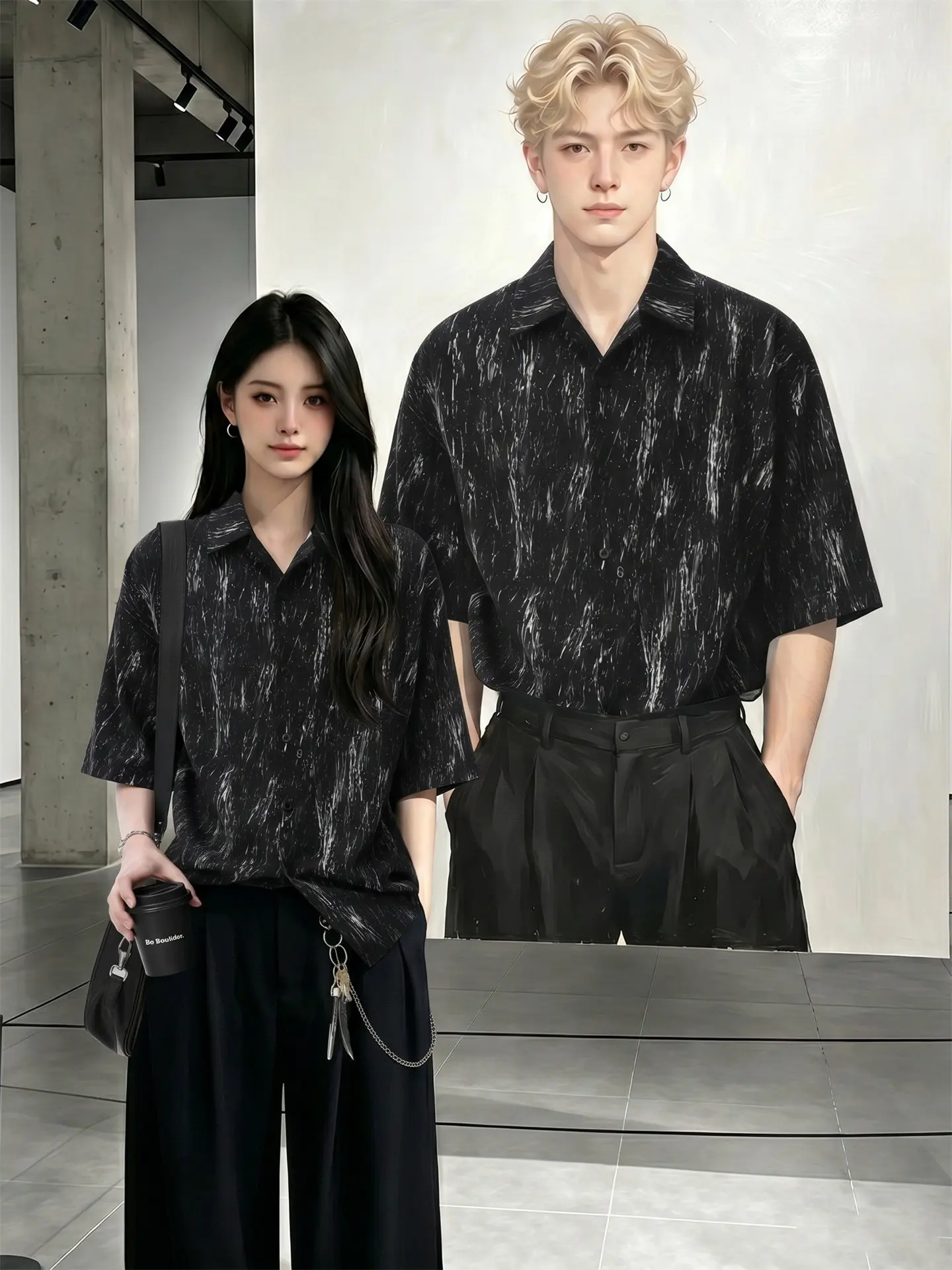 Korean Style Loose Fit Ice Silk Shirt Men's Summer Thin Half Sleeve Hawaii Pattern Breathable Casual Shirt for Couples