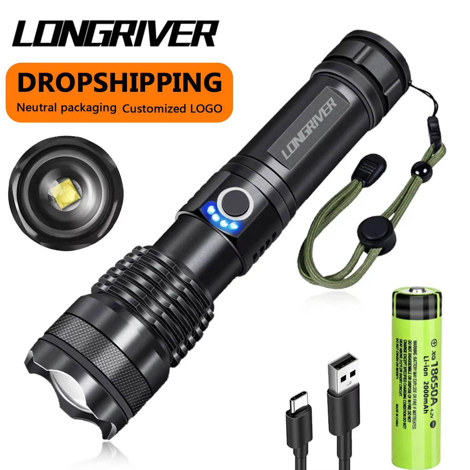 

LONGRIVER Most Powerful XHP50 LED Flashlight 18650 Rechargeable USB Torch Light Flashlights High Power Long Range Lantern