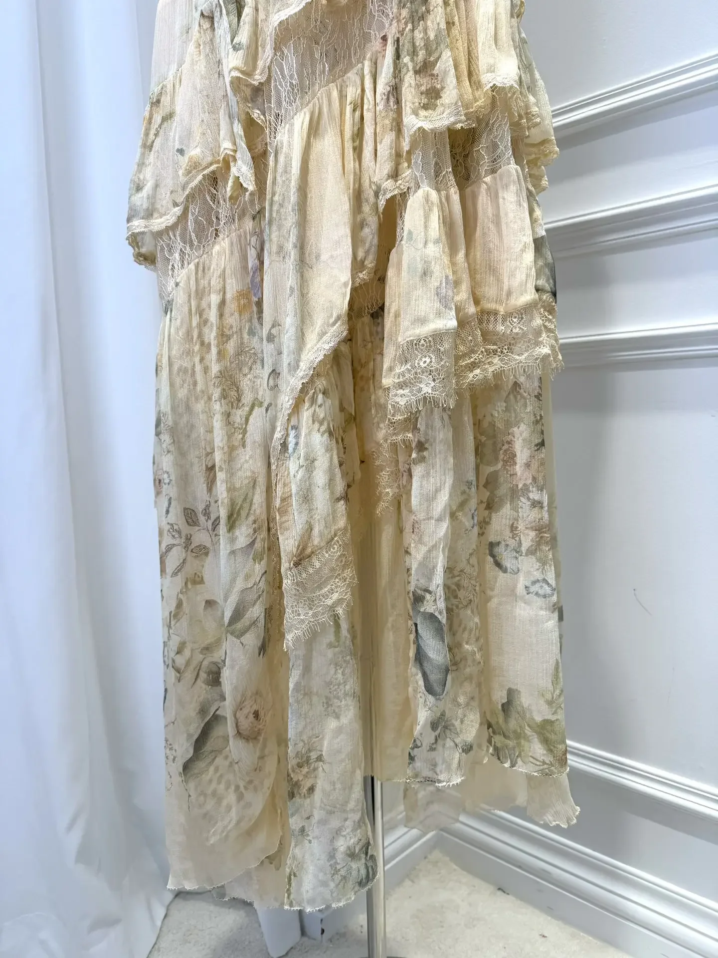Outono 2024 feminino babados em camadas estilingue robe renda de seda emendado floral impresso sem mangas elegante senhoras midi vestido