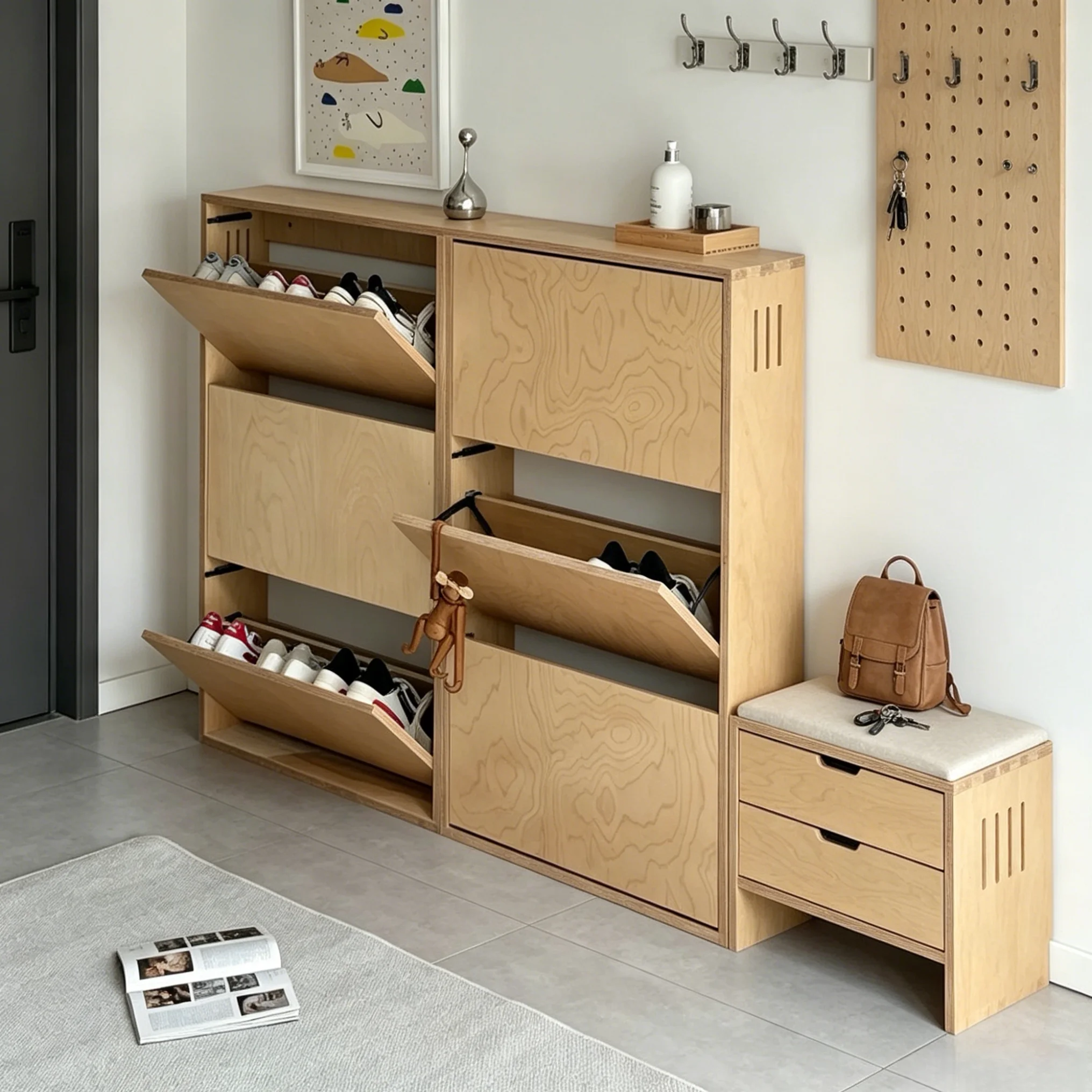 Simple log wind into the house, open the door, solid wood shoe cabinet, small apartment door flip cover shoe rack,
