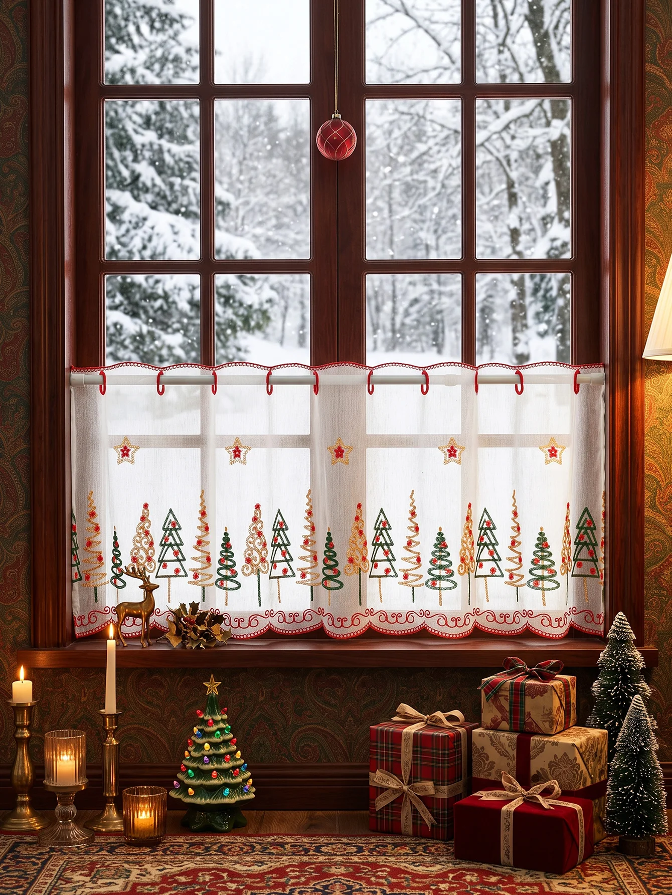 Christmas Embroidered Tier Curtain, Xmas Tree Star Embroidery Semi Sheer Window Valance for Kitchen Cafe Home Holiday Decor