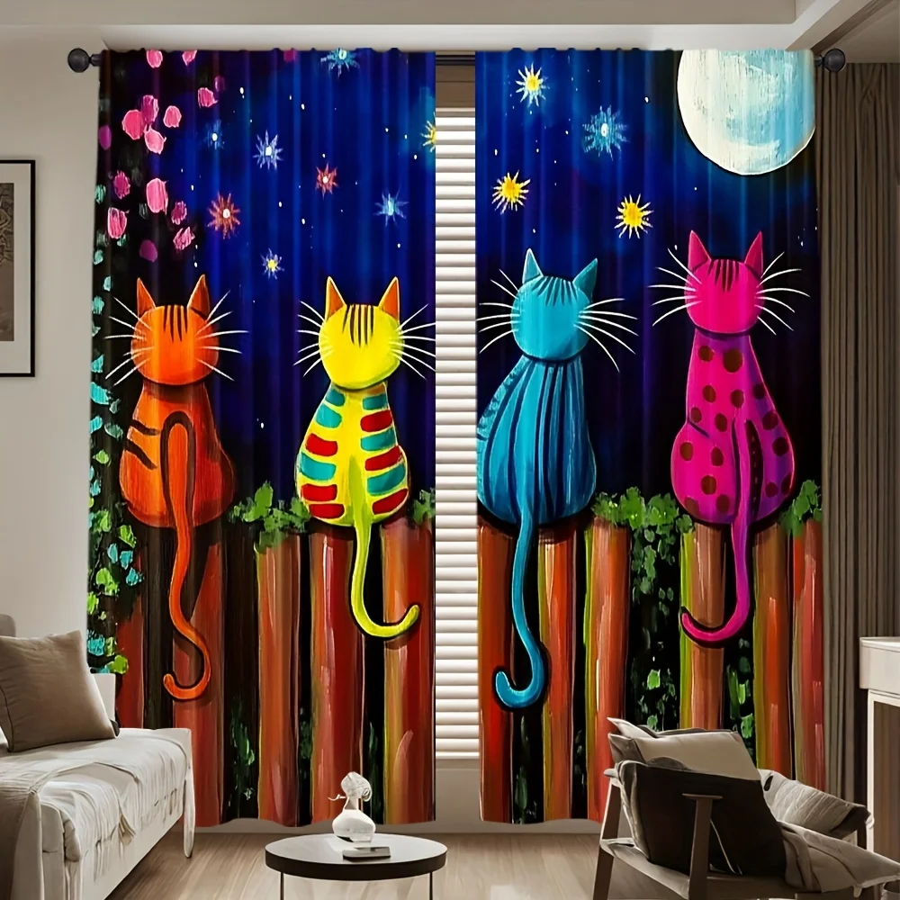 2pcs Colorful Cats on Fence Curtains Polyester Darkening Drapes for Bedroom Living Room Kids Room Moon Star Night Art Home Decor
