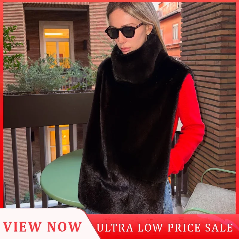 Women Fashion High Collar Fluffy Faux Fur Vest Elegant Solid Sleeveless Thick Cape Waistcoat New Ladies High Street Outwear 2025